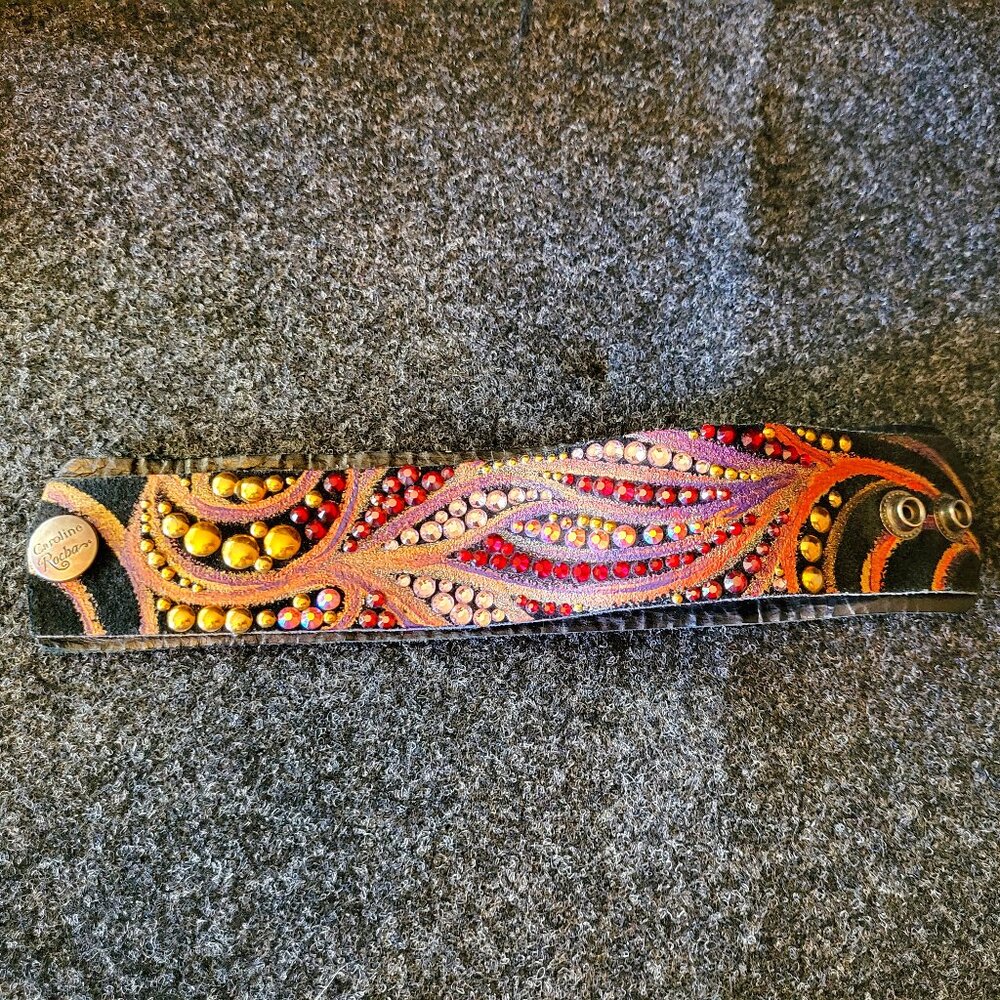 Caroline Rocha Handmade Black & Fuchsia Leather Bracelet w/ Swarovski Crystals